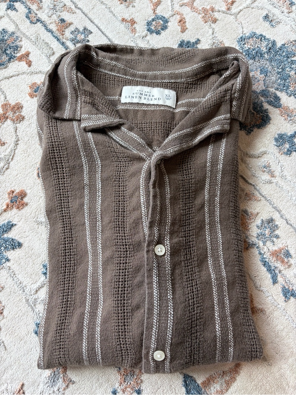 A&F Linen-Blend Brown Knit Button-Up Shirt with White Stripes